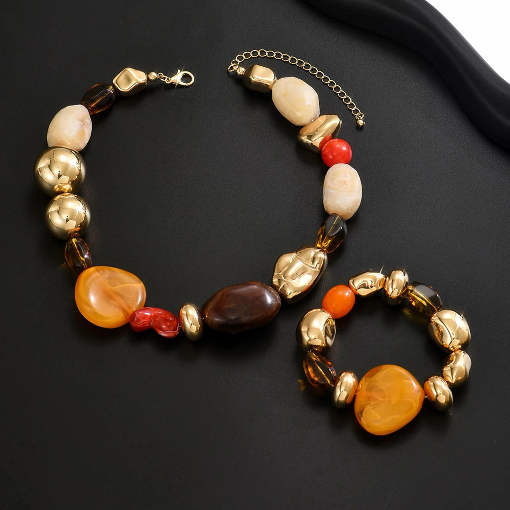 Geometric Resin Beaded Choker Necklace & Bracelet Set | Vintage Jewelry Set for Women