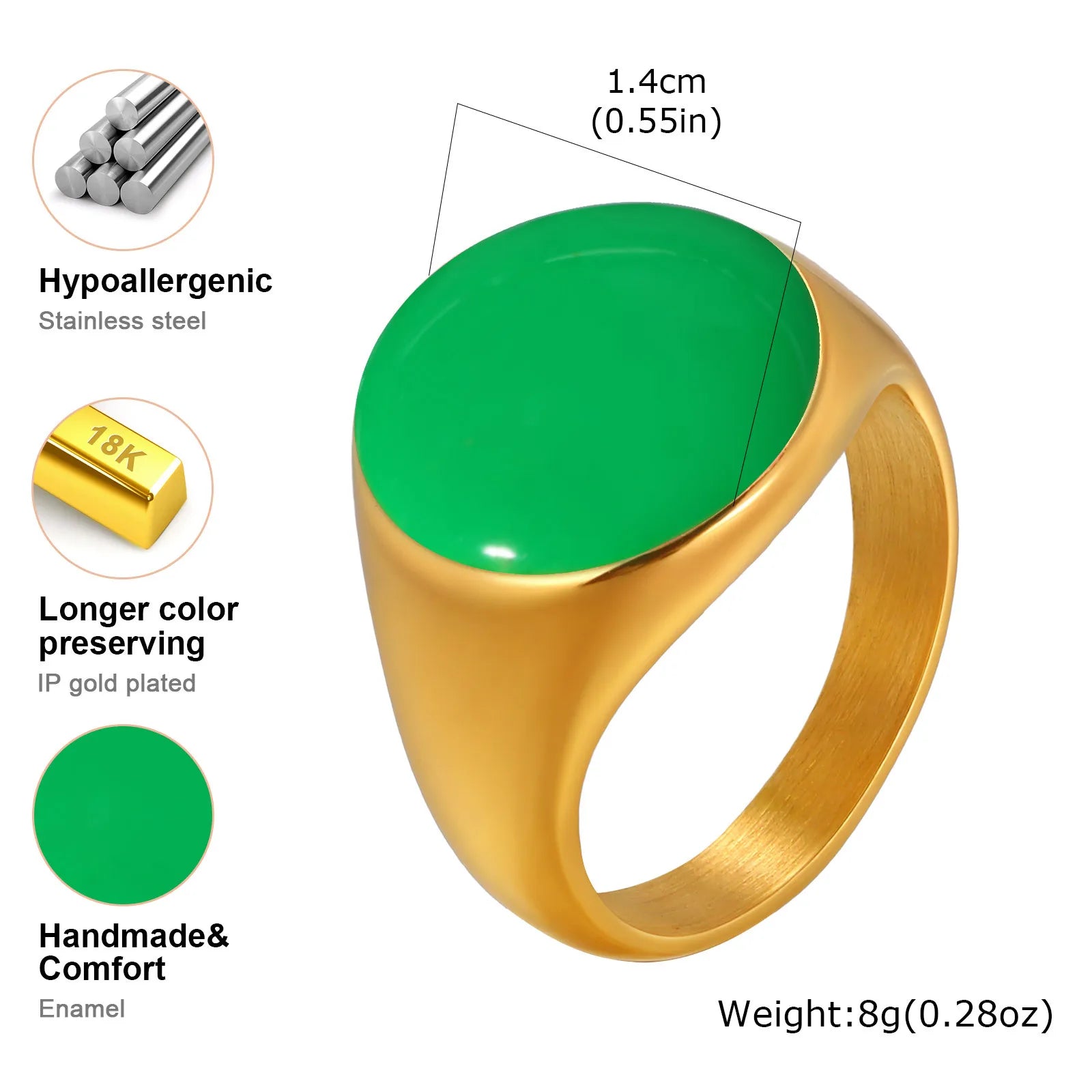 Chunky enamel crossover ring with green stone, gold-tone stainless steel band
