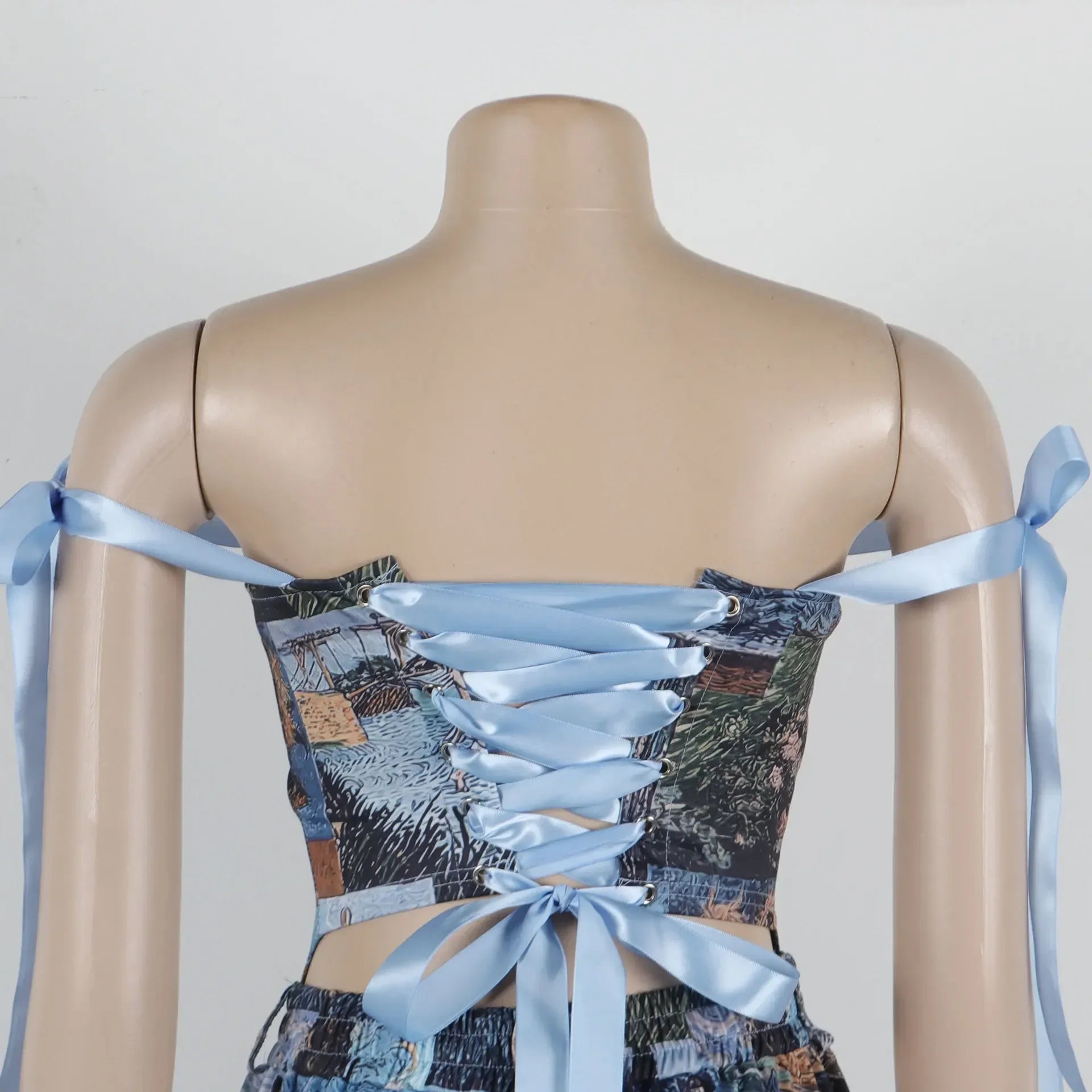Oil Painting Print Lace-Up Crop Top & Wide-Leg Pants Set