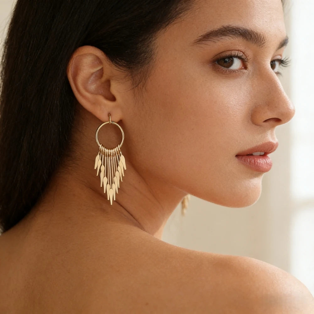Gold Ring Tassel Drop Earrings | Geometric KC Gold-Plated Earrings for Women