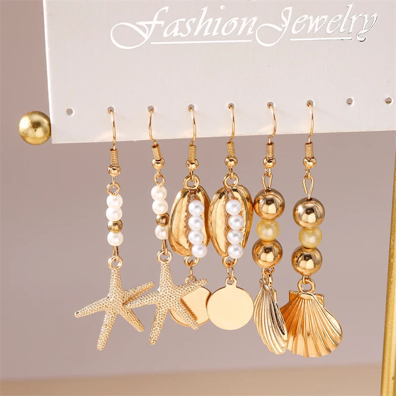 Starfish Shell Drop Earrings Set | 3 Pairs Handmade Beach Jewelry