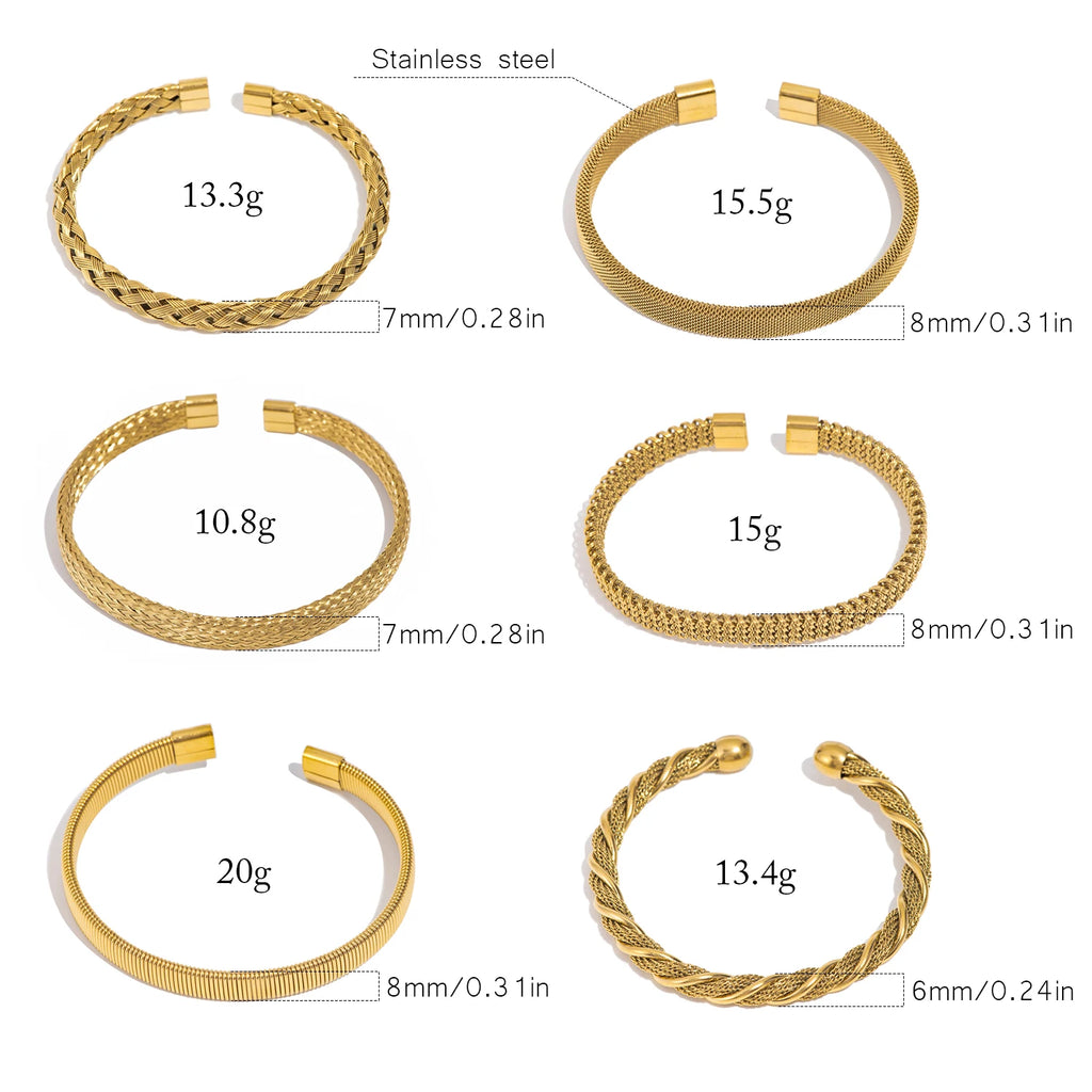 Assorted gold tone open-end woven bangles in different widths and weights