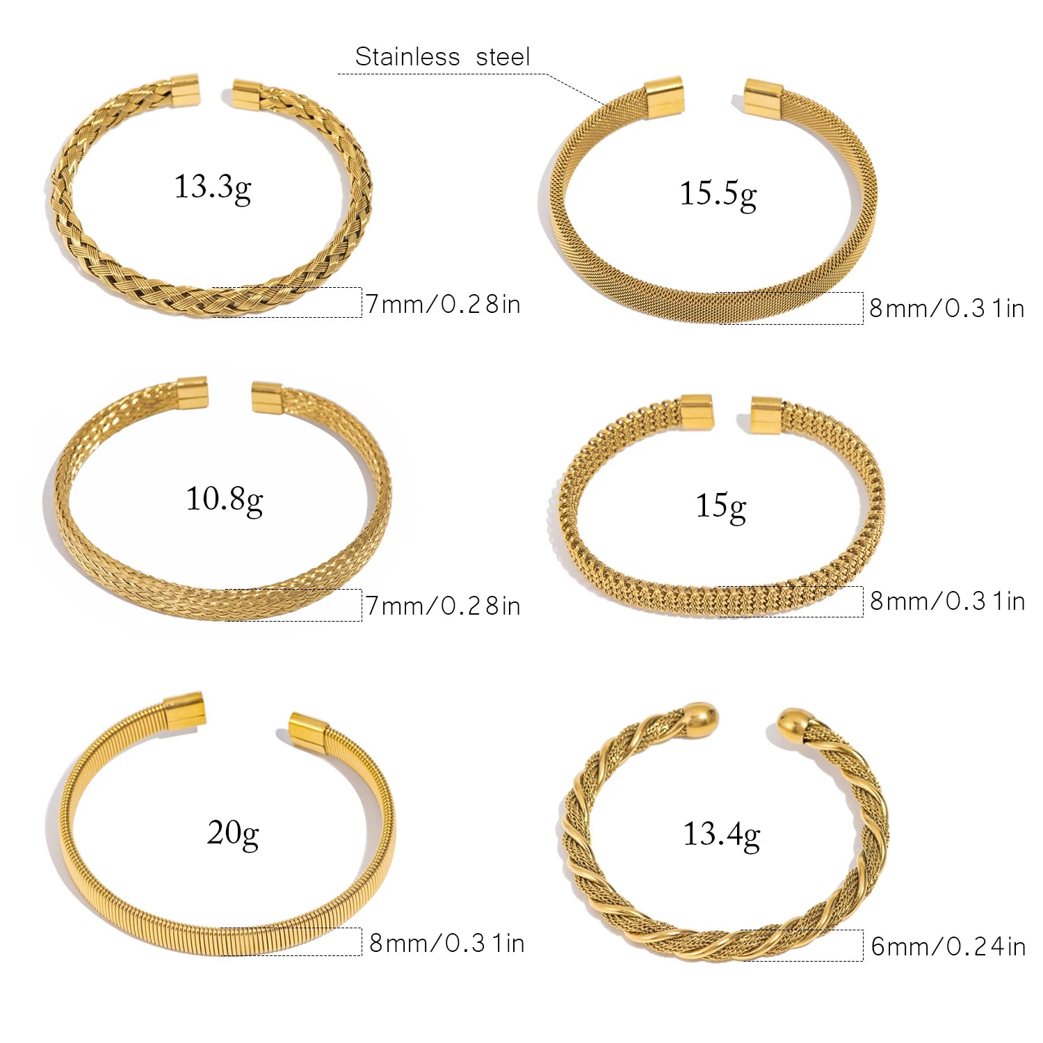 Assorted gold tone open-end woven bangles in different widths and weights