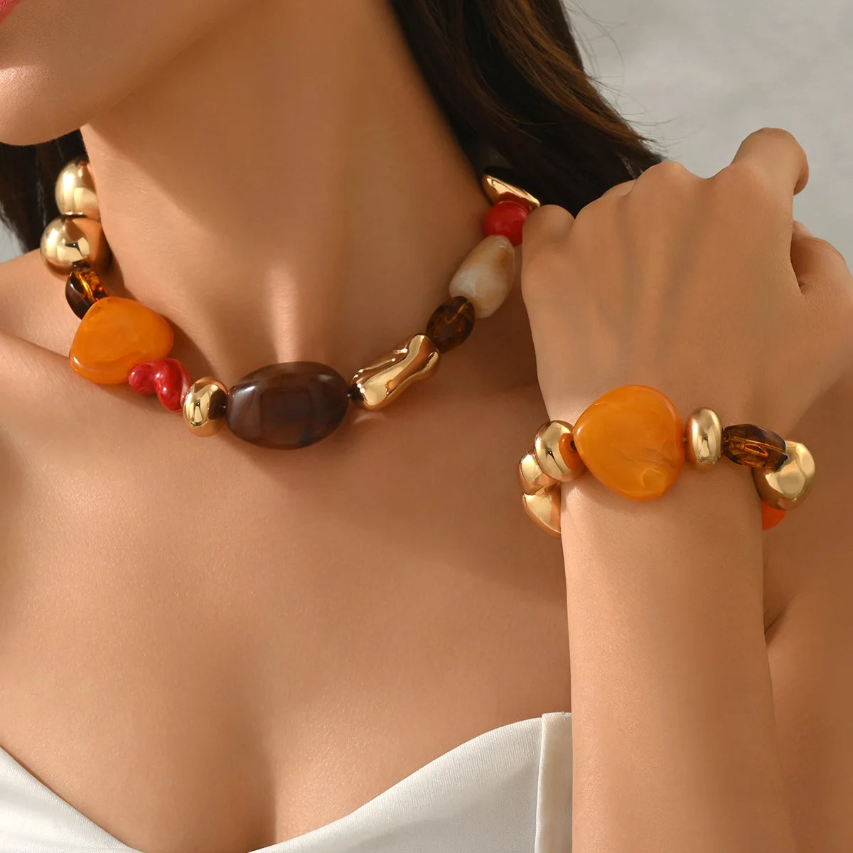 Geometric Resin Beaded Choker Necklace & Bracelet Set | Vintage Jewelry Set for Women