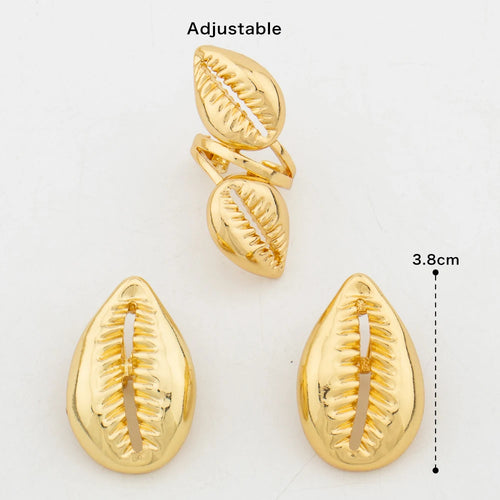 Adjustable gold tone ring and teardrop stud earrings set with carved leaf pattern