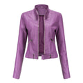 Purple faux leather moto jacket with mandarin collar, front zipper, and zip pockets
