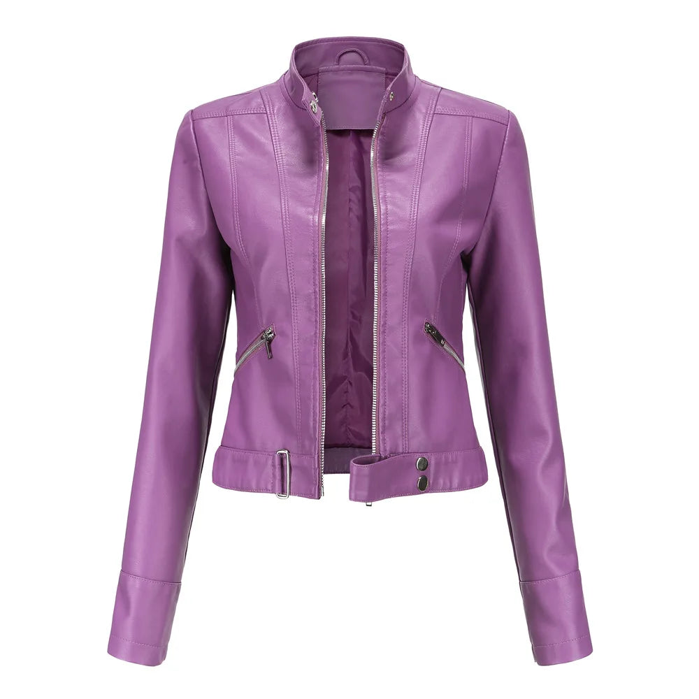 Purple faux leather moto jacket with mandarin collar, front zipper, and zip pockets