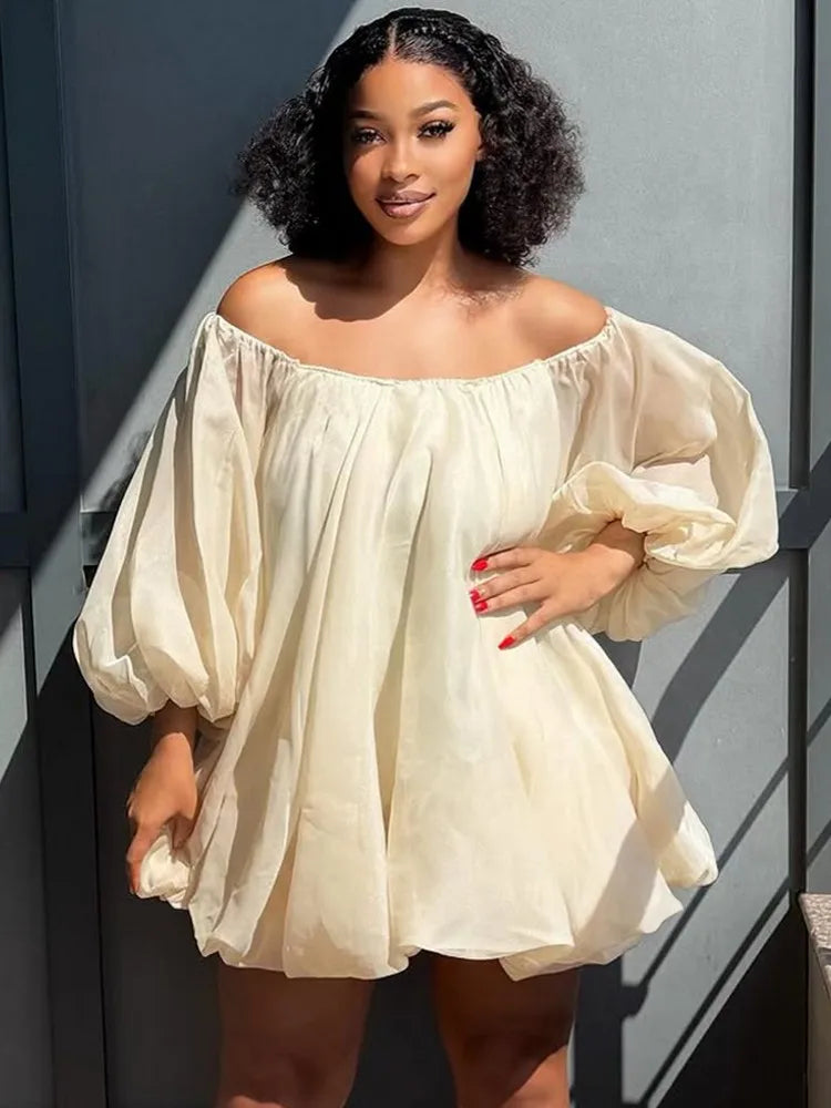 Cream off-shoulder puff-sleeve mini dress with gathered neckline