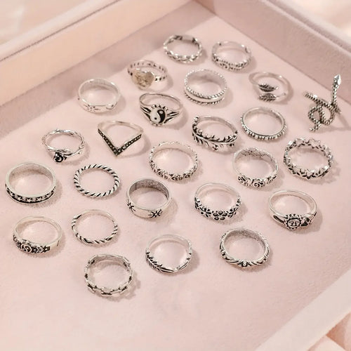 Bohemian Stacking Rings Set | 25Pcs Adjustable Silver Tone Rings for Women