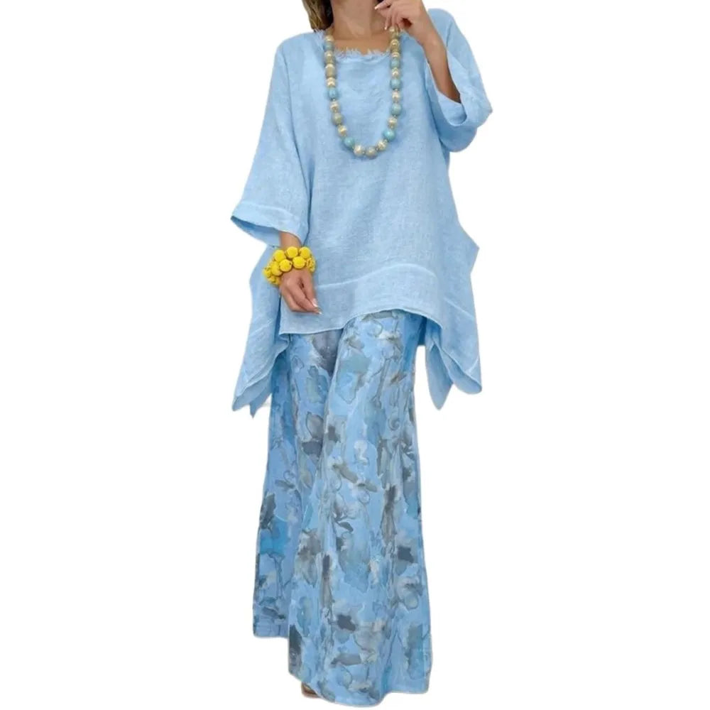 Sky blue tunic and wide-leg pants set with scoop neckline and floral print pants
