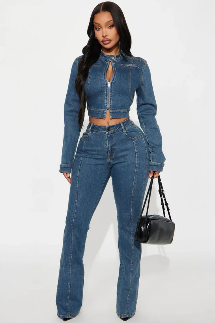 Denim Jacket & Trousers 2-Piece Set | Sexy Club Streetwear for Women