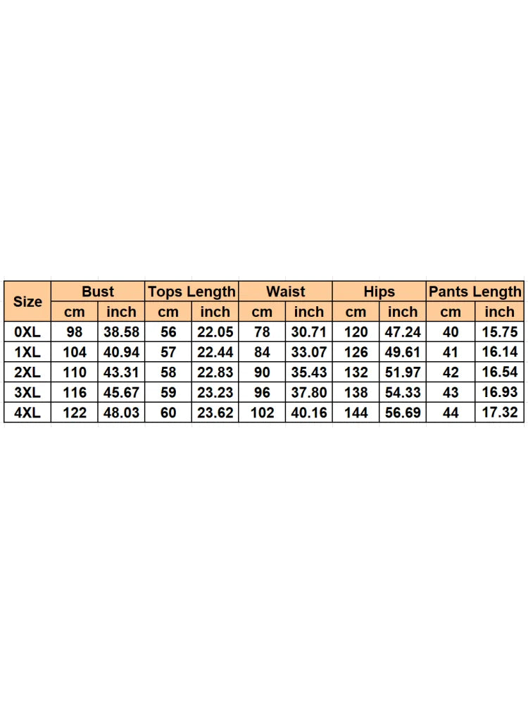 Size chart with bust, waist, hips, and top/short lengths for each size in inches