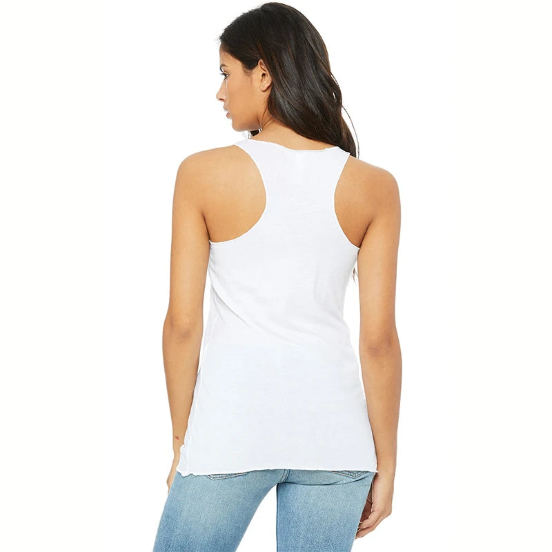 Women’s racerback tank top in white, back view with sleeveless cut and curved hem