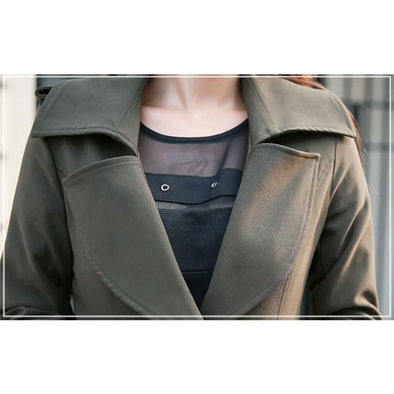 Detail of women’s slim long trench coat in olive green, open lapel with inner lining