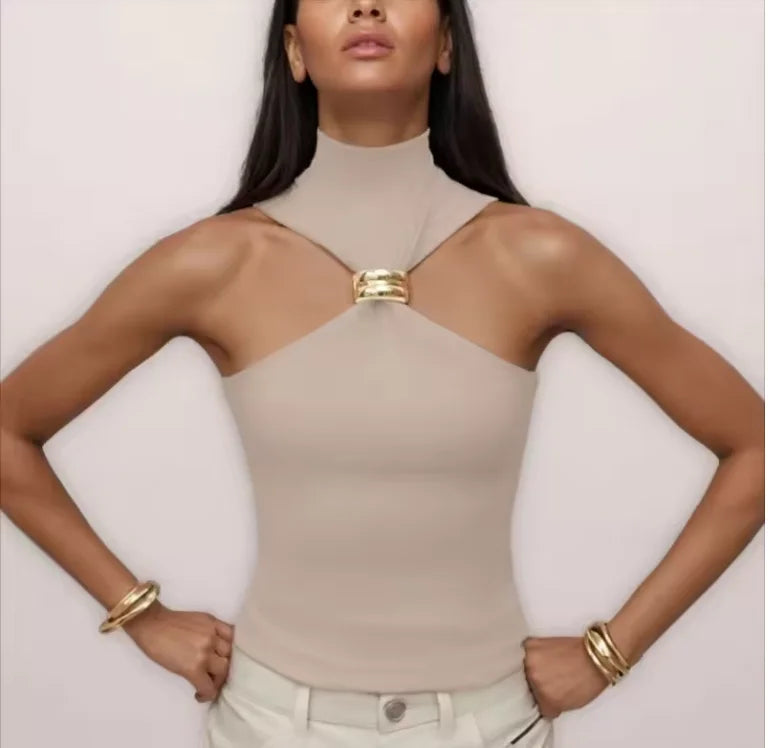 Cream off-shoulder sleeveless crop tank with metal ring centerpiece at the bust