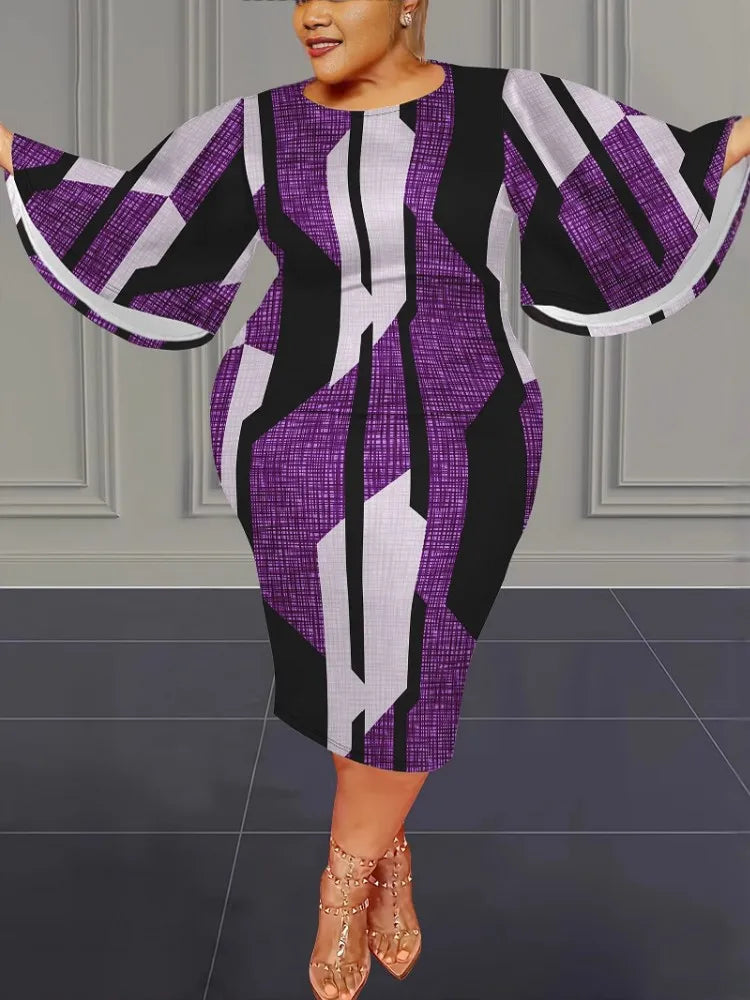 Plus size midi dress, loose fit O-neck, empire waist, purple and white striped print