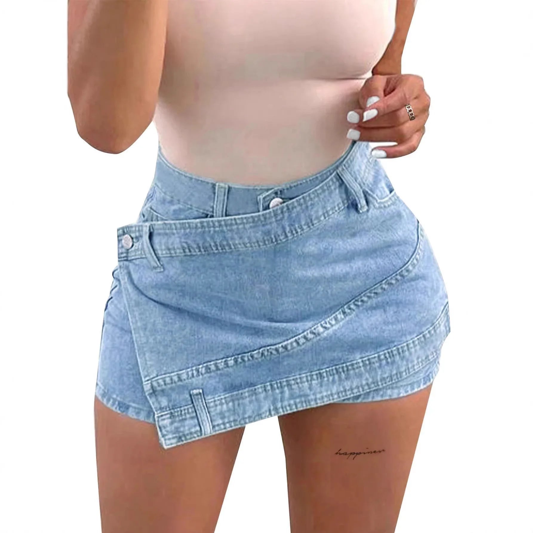 Light blue high-waist denim shorts with button fly, side pockets, and curved hem