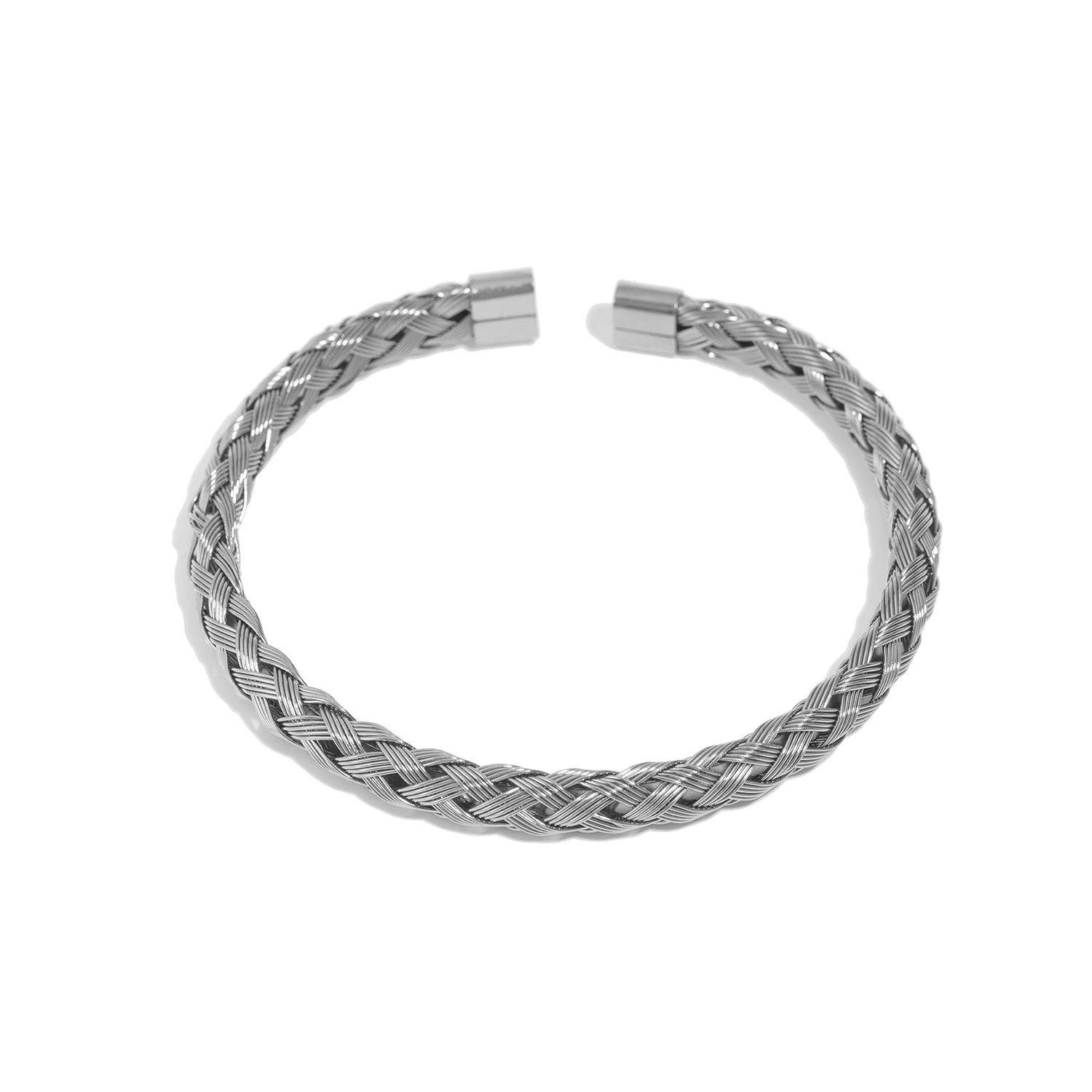 Silver-tone woven open bangle bracelet with crosshatch braid pattern and flat clasp ends