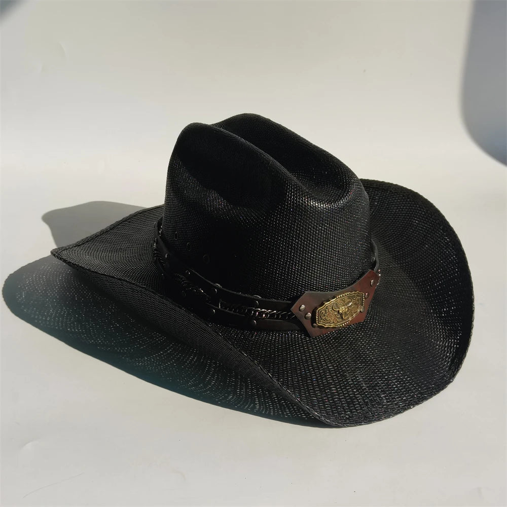 Western Straw Cowboy Hat with Turquoise Bolo Tie