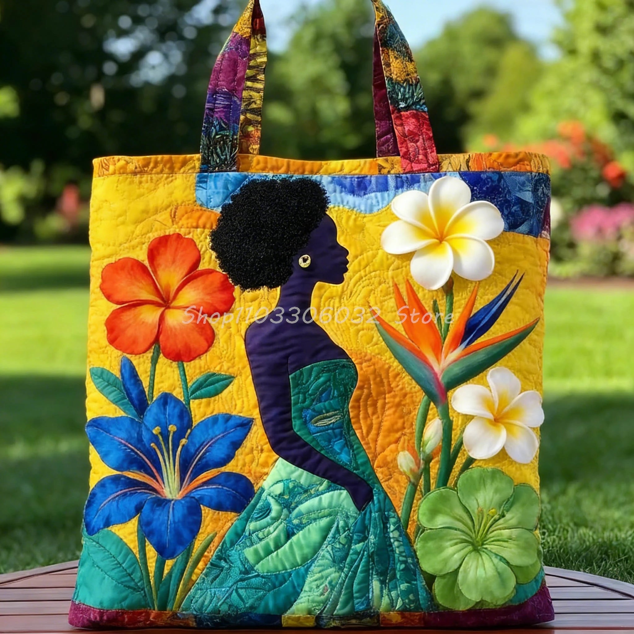 African American Floral Print Quilted Tote | Outdoor Weekender Travel Bag