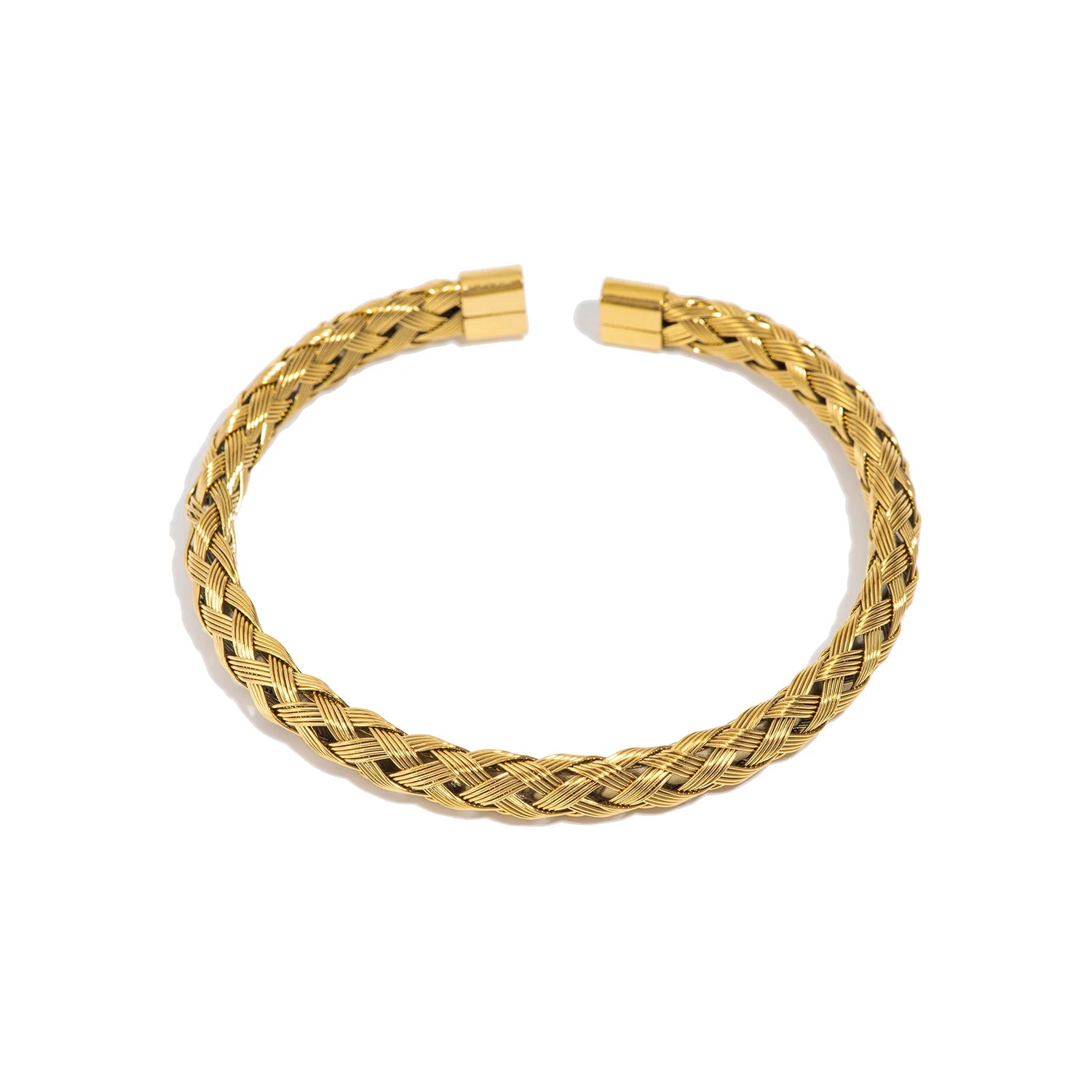 Gold-tone woven open bangle bracelet with crosshatch braid pattern and flat clasp ends