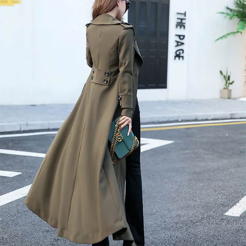 Women’s slim long trench coat in olive green, single-breasted with buttoned cuffs and belt