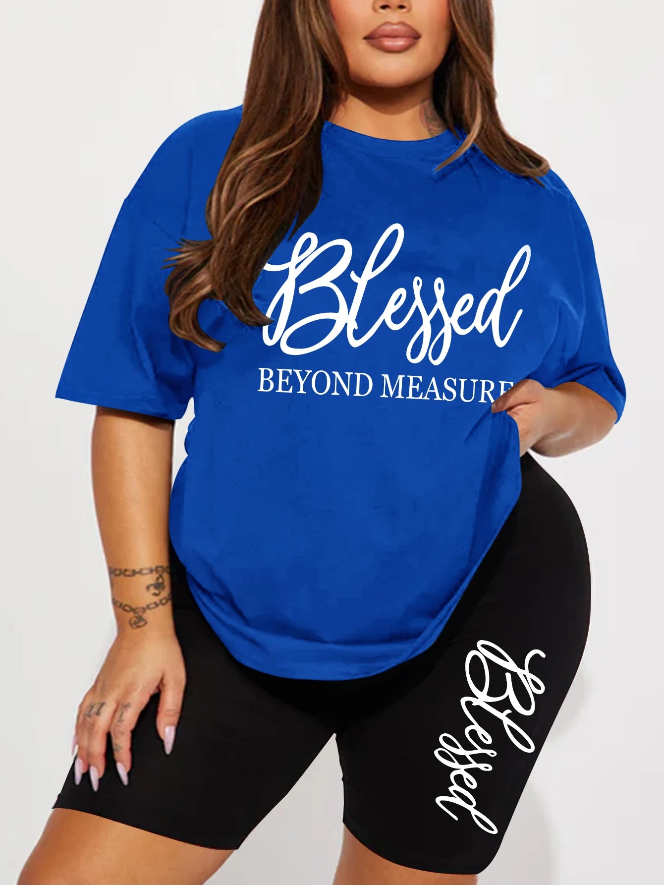 Plus size graphic short set: blue T-shirt and black shorts with 'Blessed' print