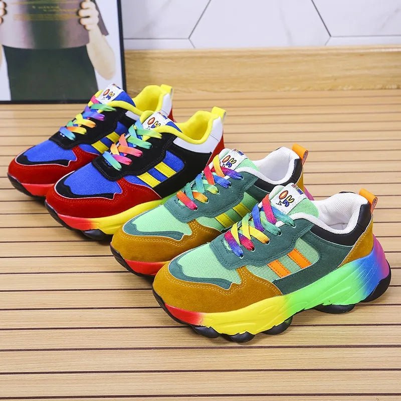 Women's colorful platform sneakers, lace-up, rainbow soles in green and blue