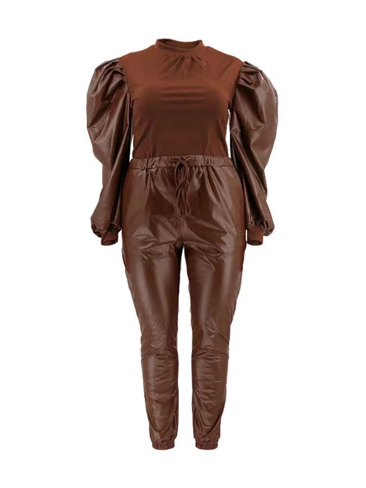 Women's brown puff-sleeve knit top and faux leather pants set with gathered waist