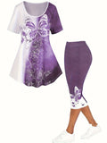 Women's plus size butterfly print set: purple short-sleeve top and capri pants