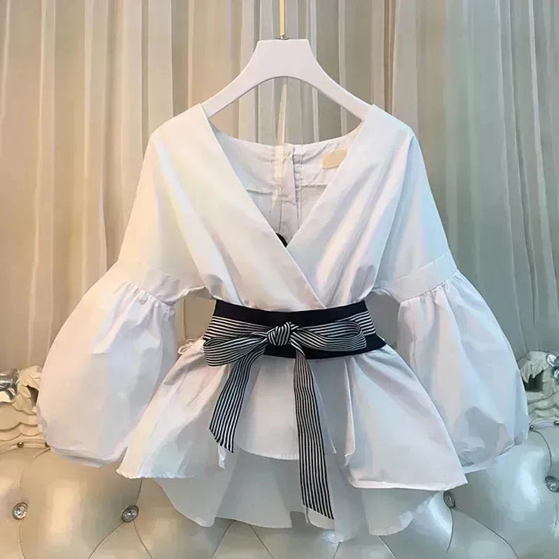 White V-neck chiffon top with puff sleeves and striped waist bow