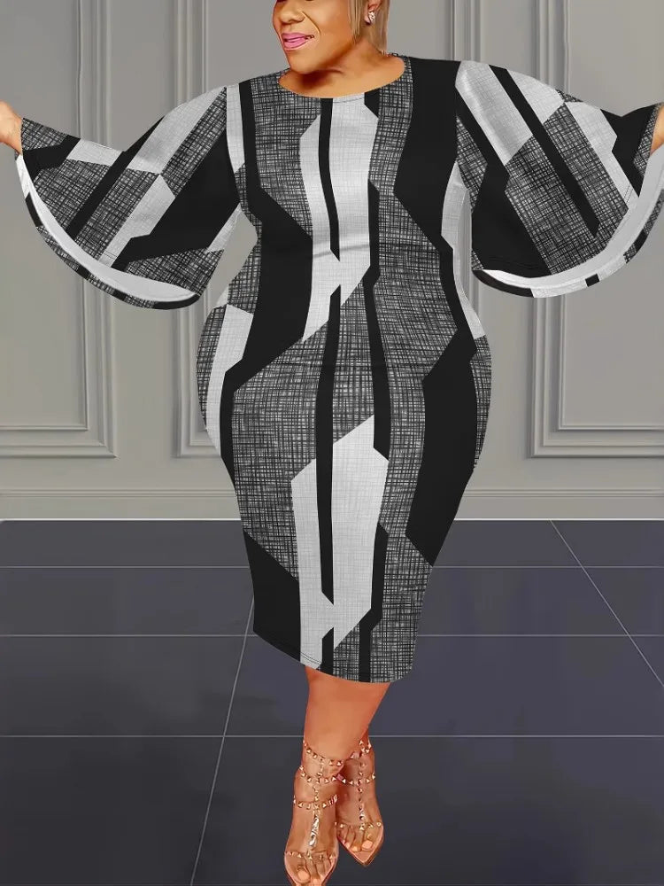 Plus size midi dress, loose fit O-neck, empire waist, gray white and black striped print