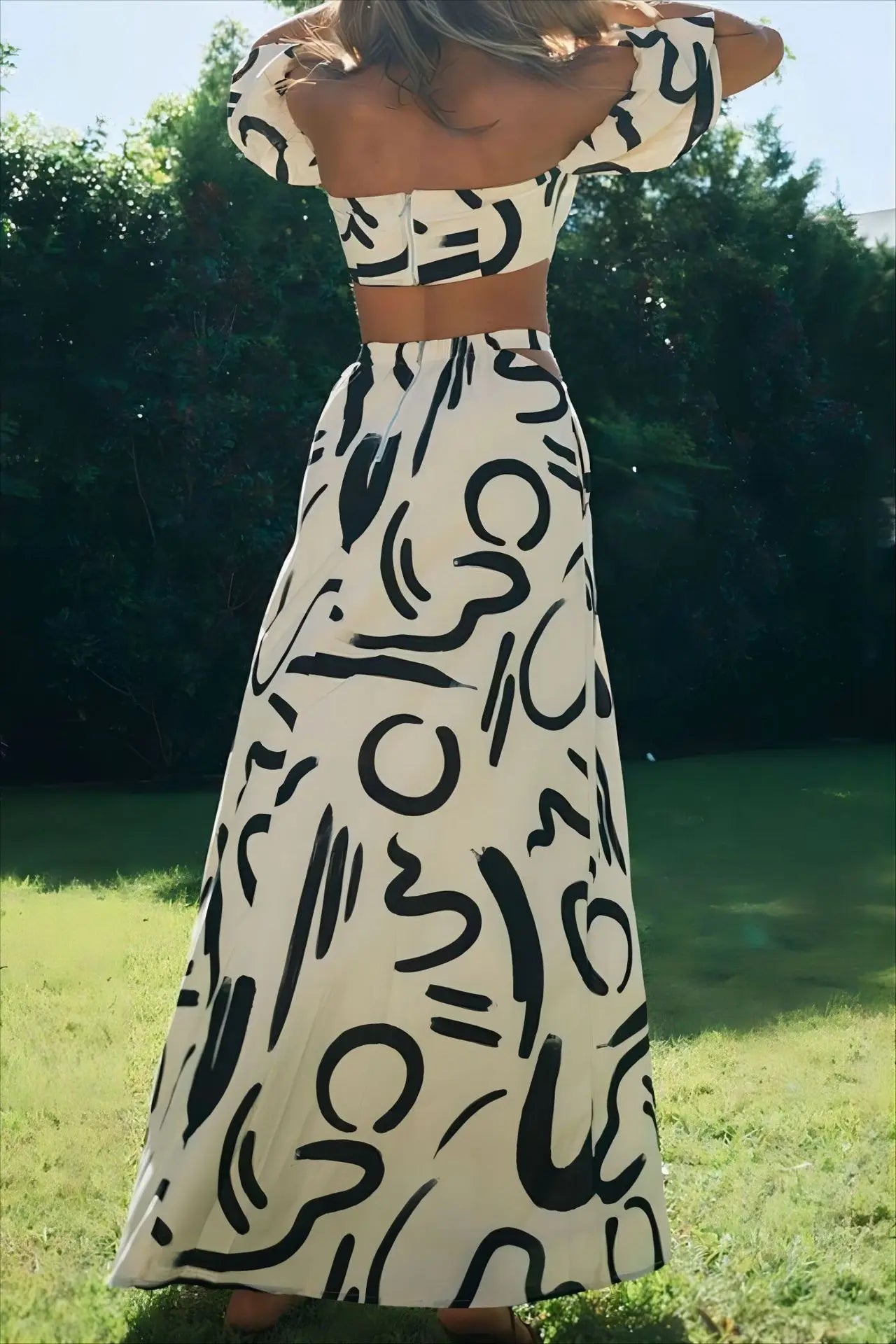 Puff Sleeve Crop Top & Hollow Waist Dress Set
