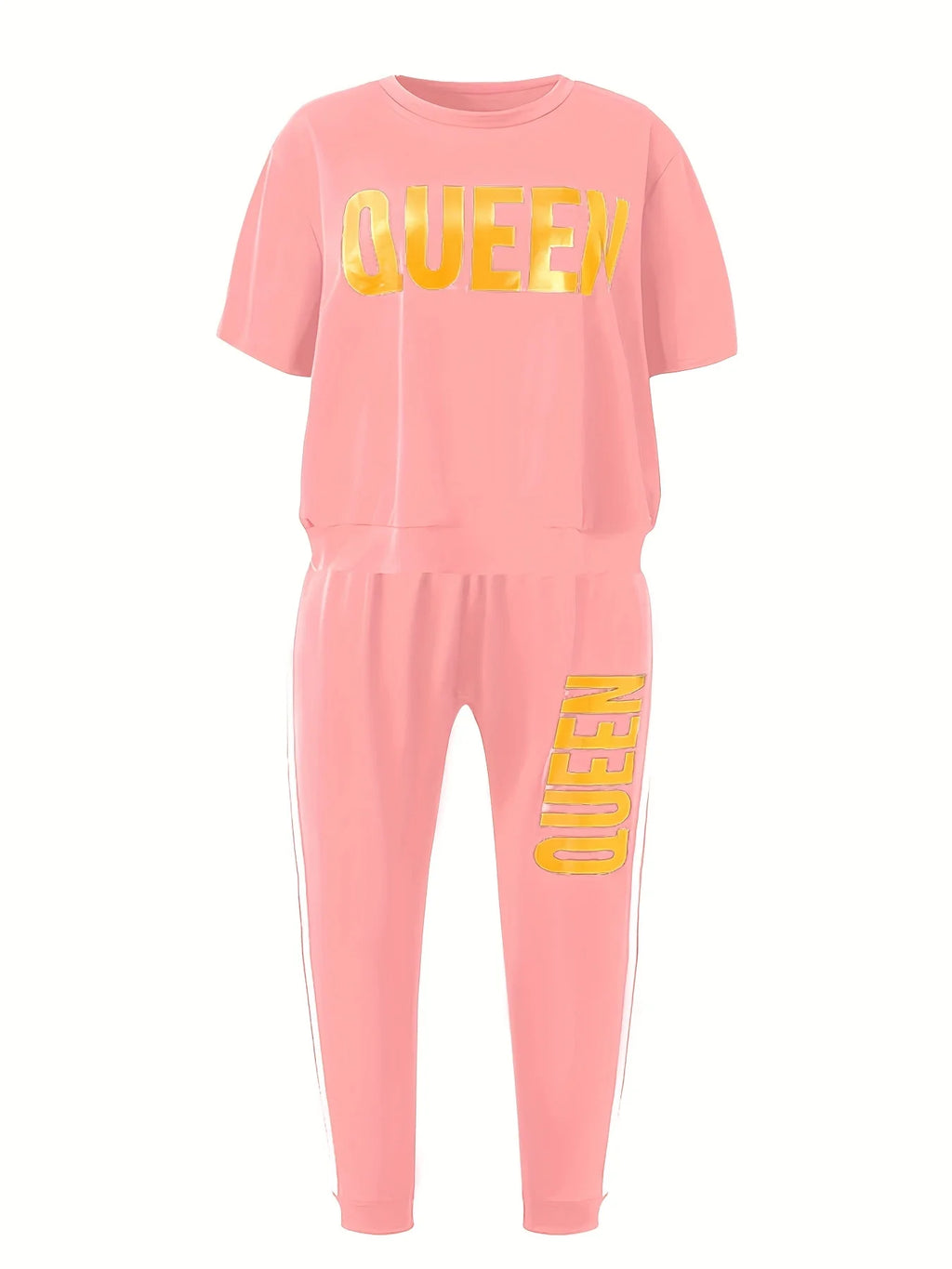 Light pink T-shirt and jogger set with yellow QUEEN print on top and jogger leg.
