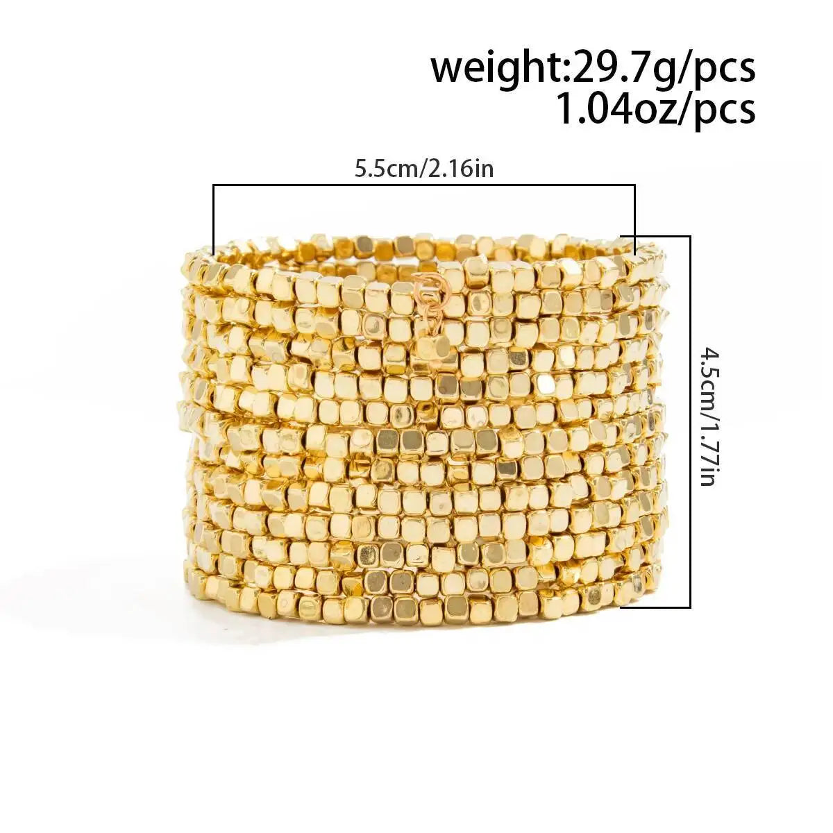 Gold-tone wide beaded cuff bracelet with multiple layers of square beads.