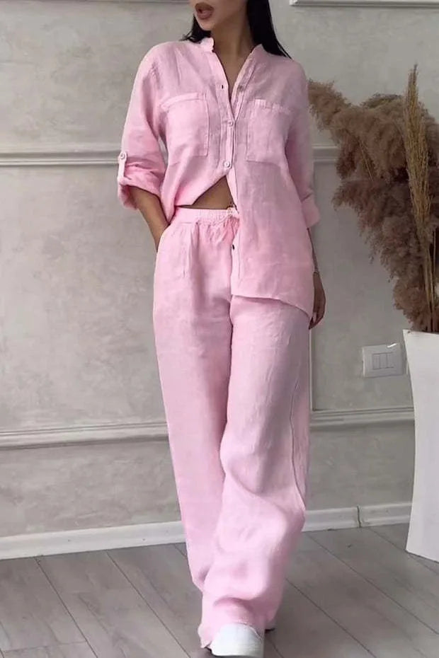 Women's linen button shirt & drawstring pants set, pale pink, button front, relaxed wide leg.