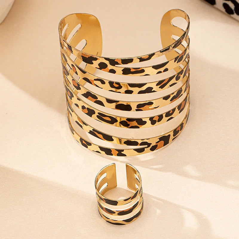Leopard Print Bracelet & Ring Set | 2pc Hollow Striped Stainless Steel Jewelry