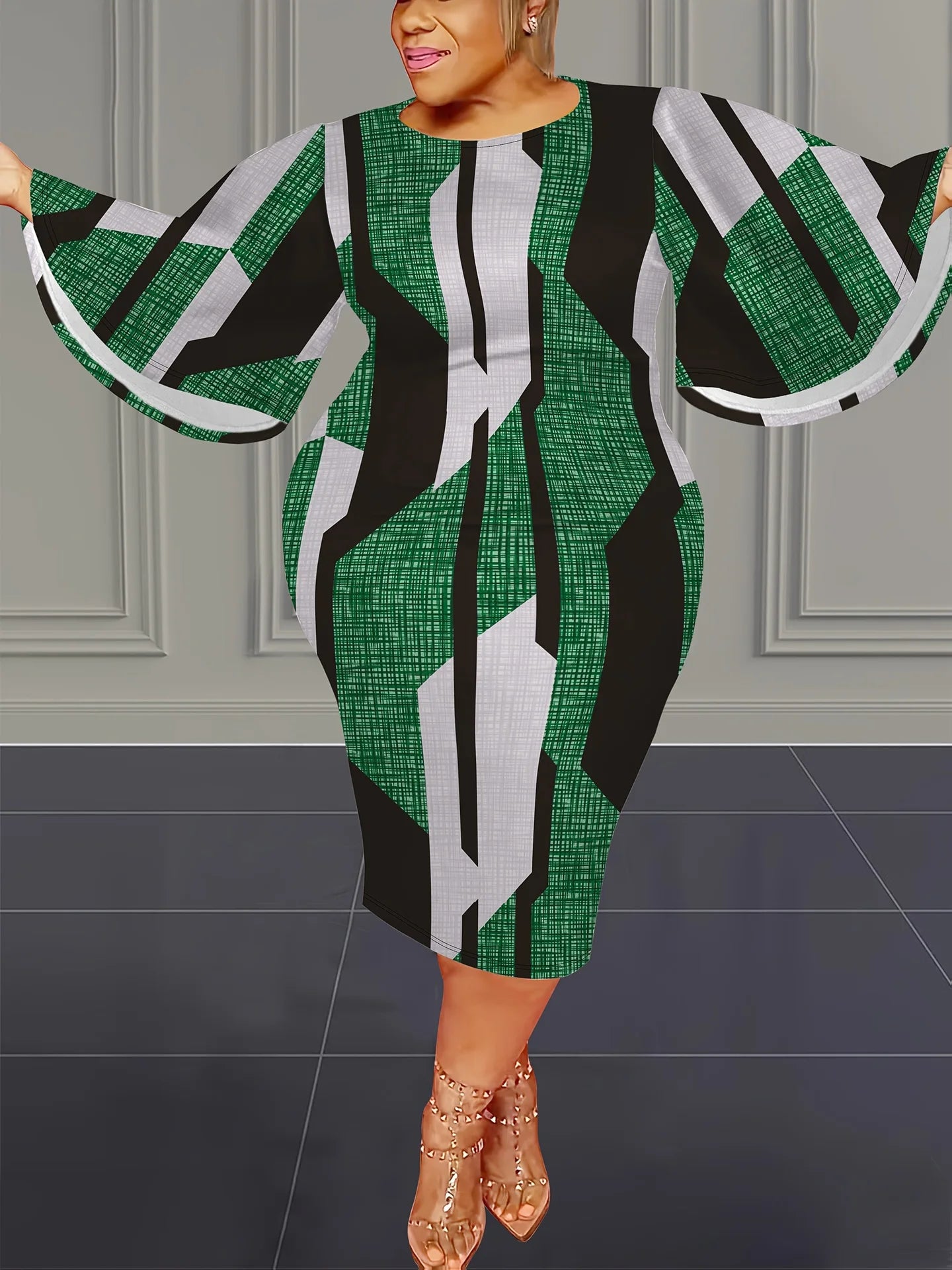 Plus size midi dress, green black and white geometric print, O-neck, empire waist