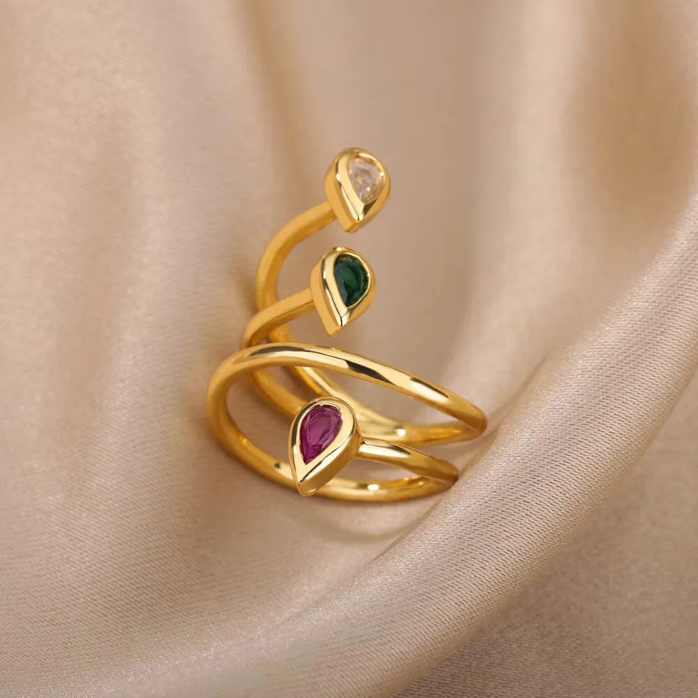 Vintage Geometric Zircon Ring Collection | Gold-Plated Stainless Steel Open Rings for Women