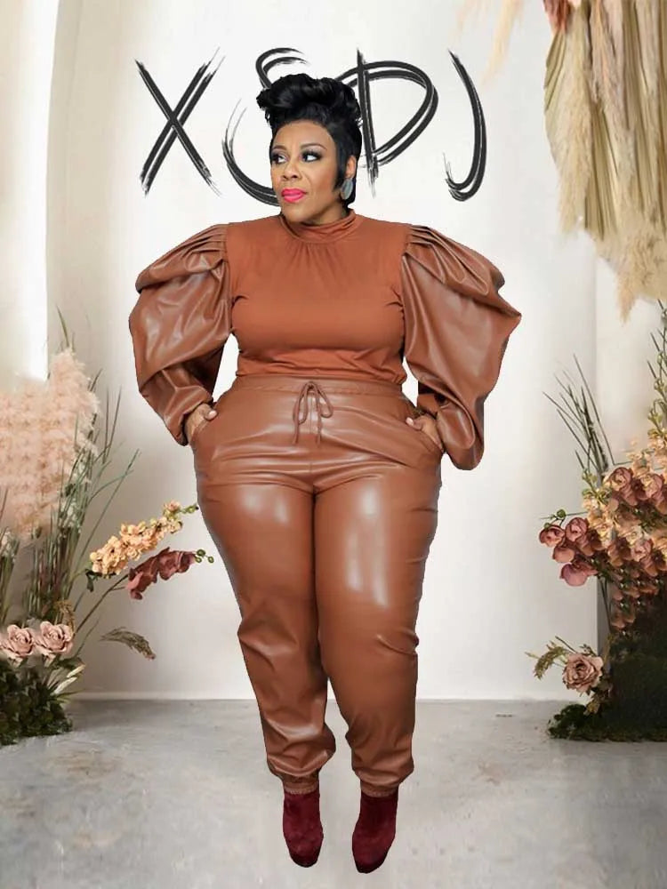 Women's brown puff-sleeve knit top and faux leather pants set with ruched waistband