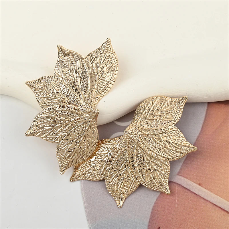 Oversized Gold Leaf Drop Earrings | Exaggerated Plant Drop Earrings for Women