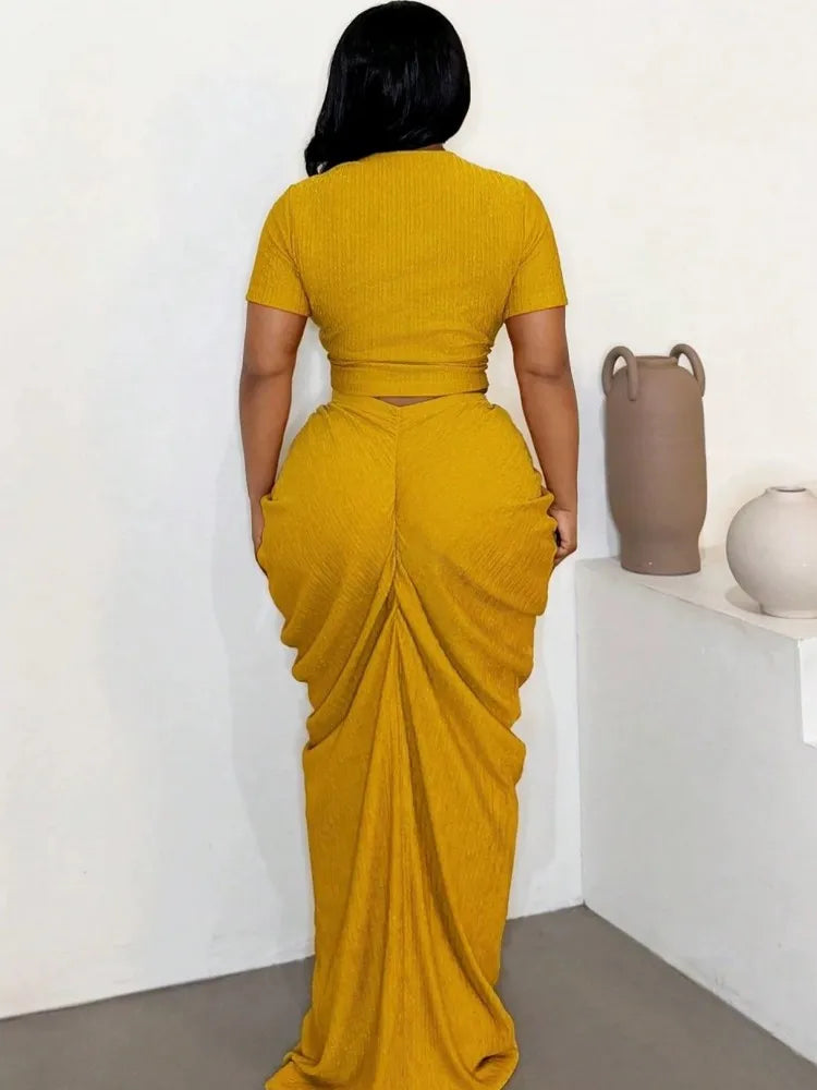 Yellow short-sleeve top and ruched back long skirt with tied waist 2-piece set