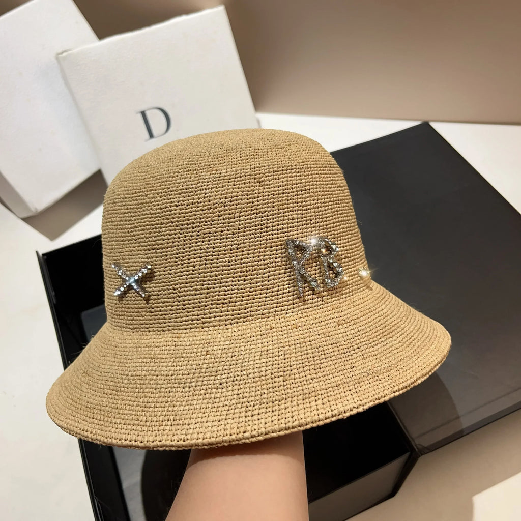 Rhinestone Luxury Raffia Crochet Bucket Hat