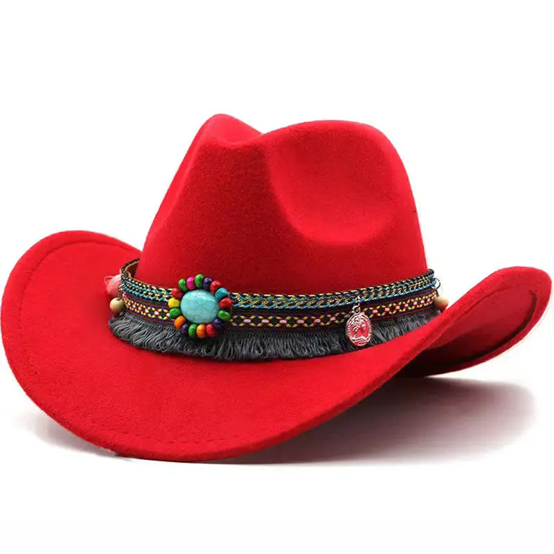 Wool Tassel Belt Western Fedora Hat