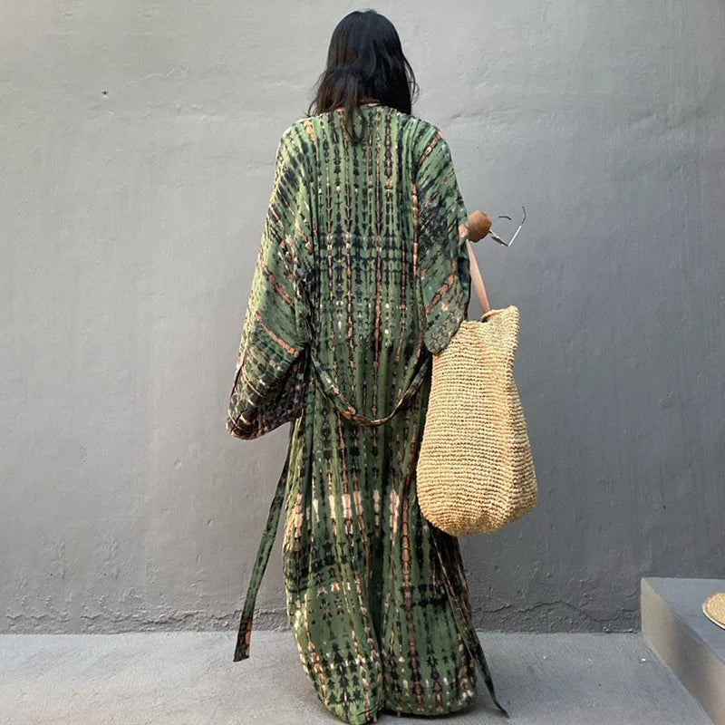 Tie Dye Kimono Wrap Dress | Self-Belted Beach Cover-Up for Women