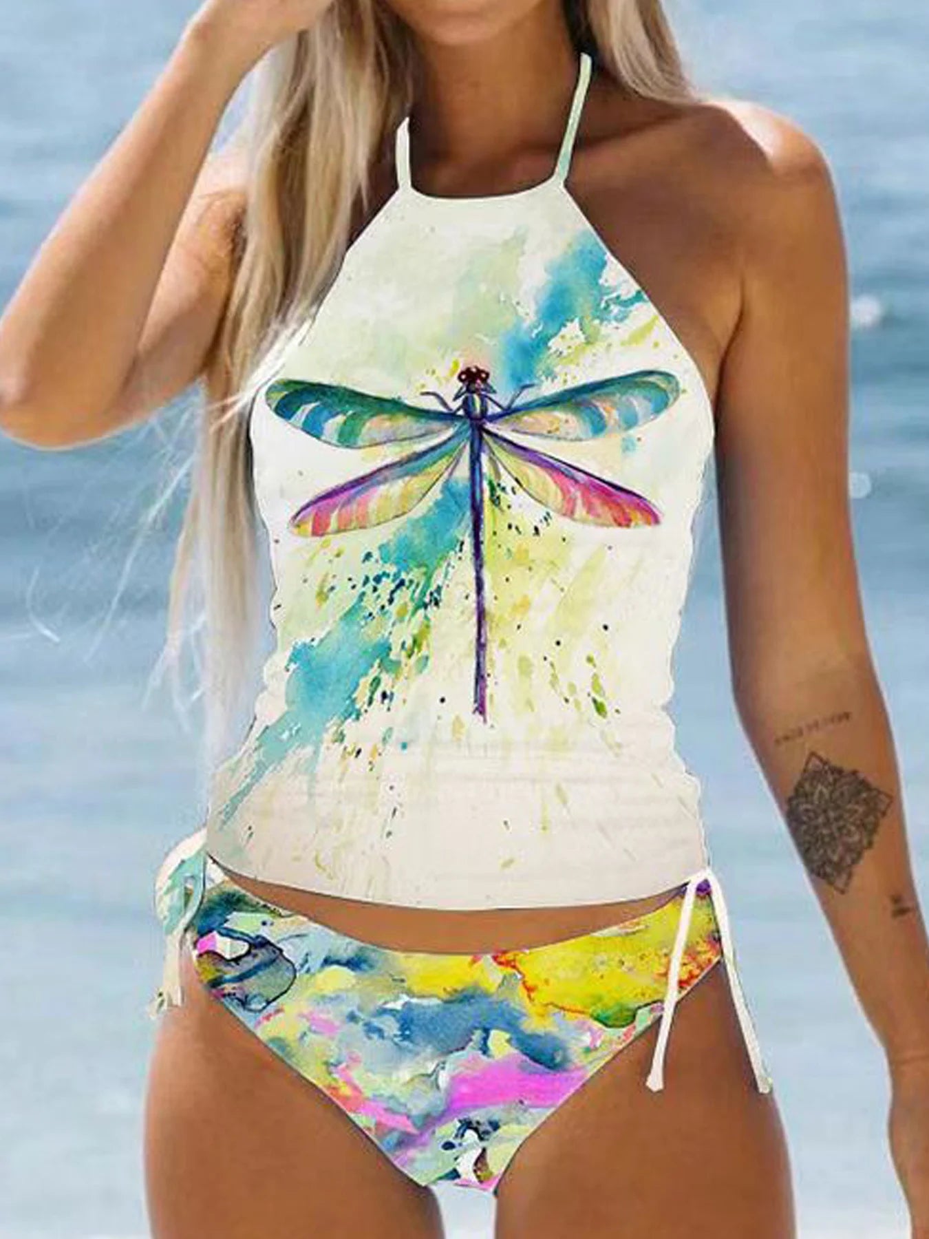 Printed Halter Tankini Set | 2-Piece High Waist Swimsuit for Women