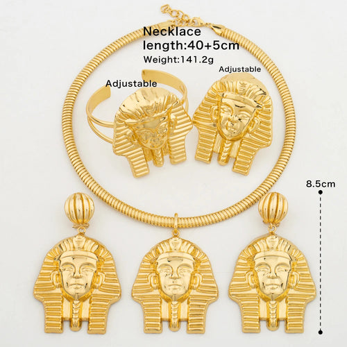 Gold Egyptian-style necklace with lion-head pendant and round bead dangling earrings