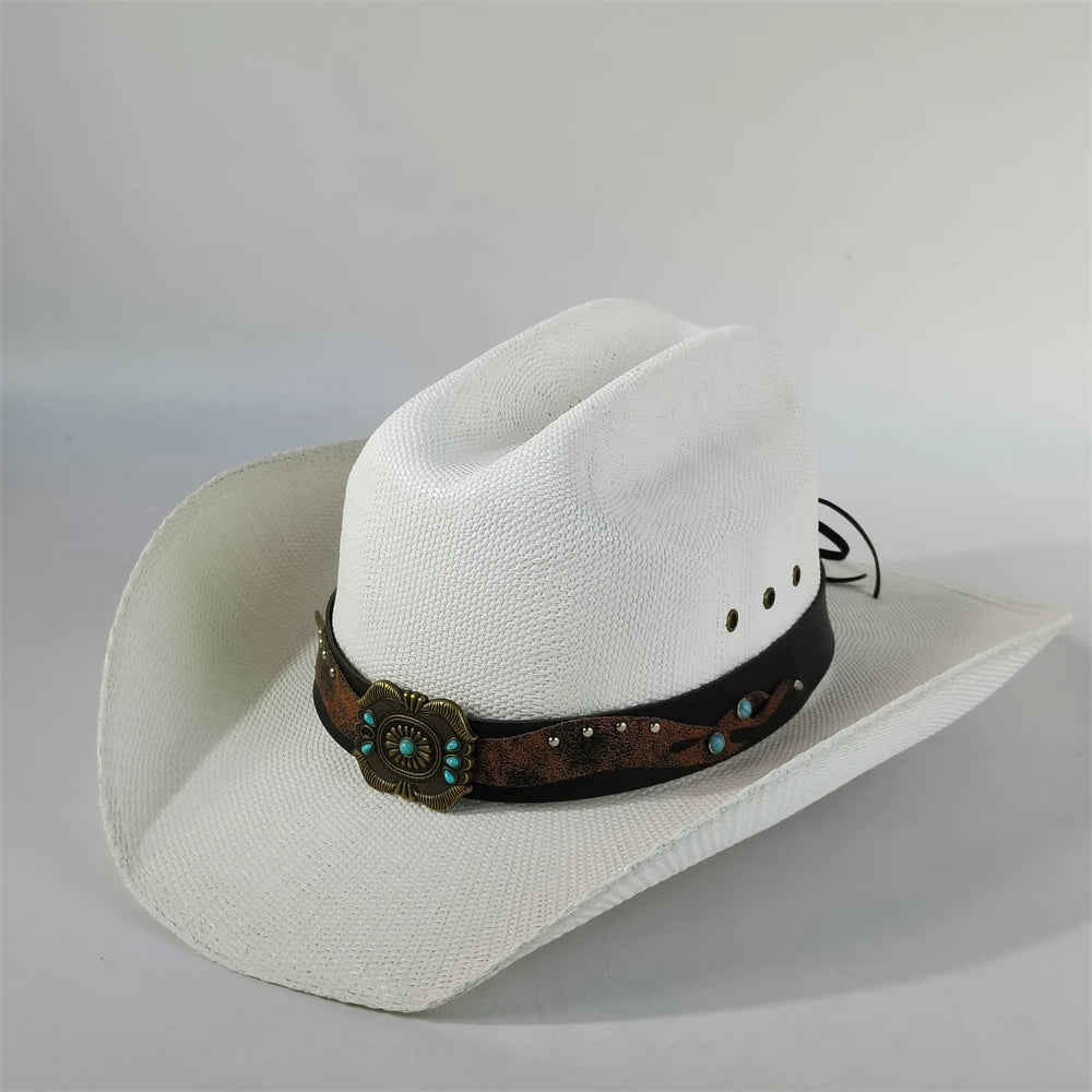 Western Straw Cowboy Hat with Turquoise Bolo Tie