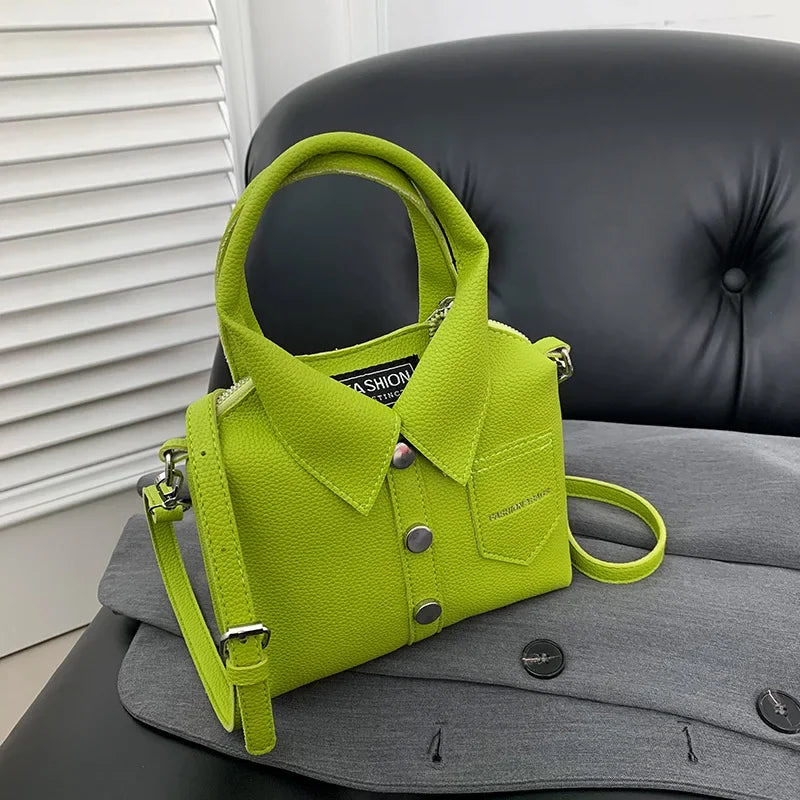 Square PU leather crossbody bag in neon green with front flap pocket and silver snap buttons