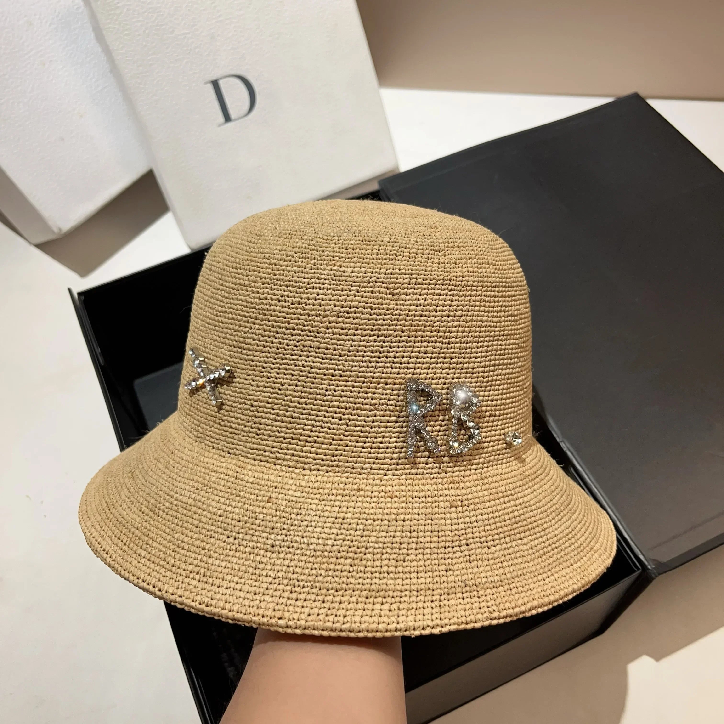 Rhinestone Luxury Raffia Crochet Bucket Hat